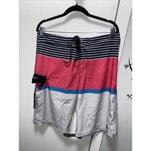 Rusty Pink Multicolor‎ Stripe 32 Board Shorts Y2K Bottle Opener Swim